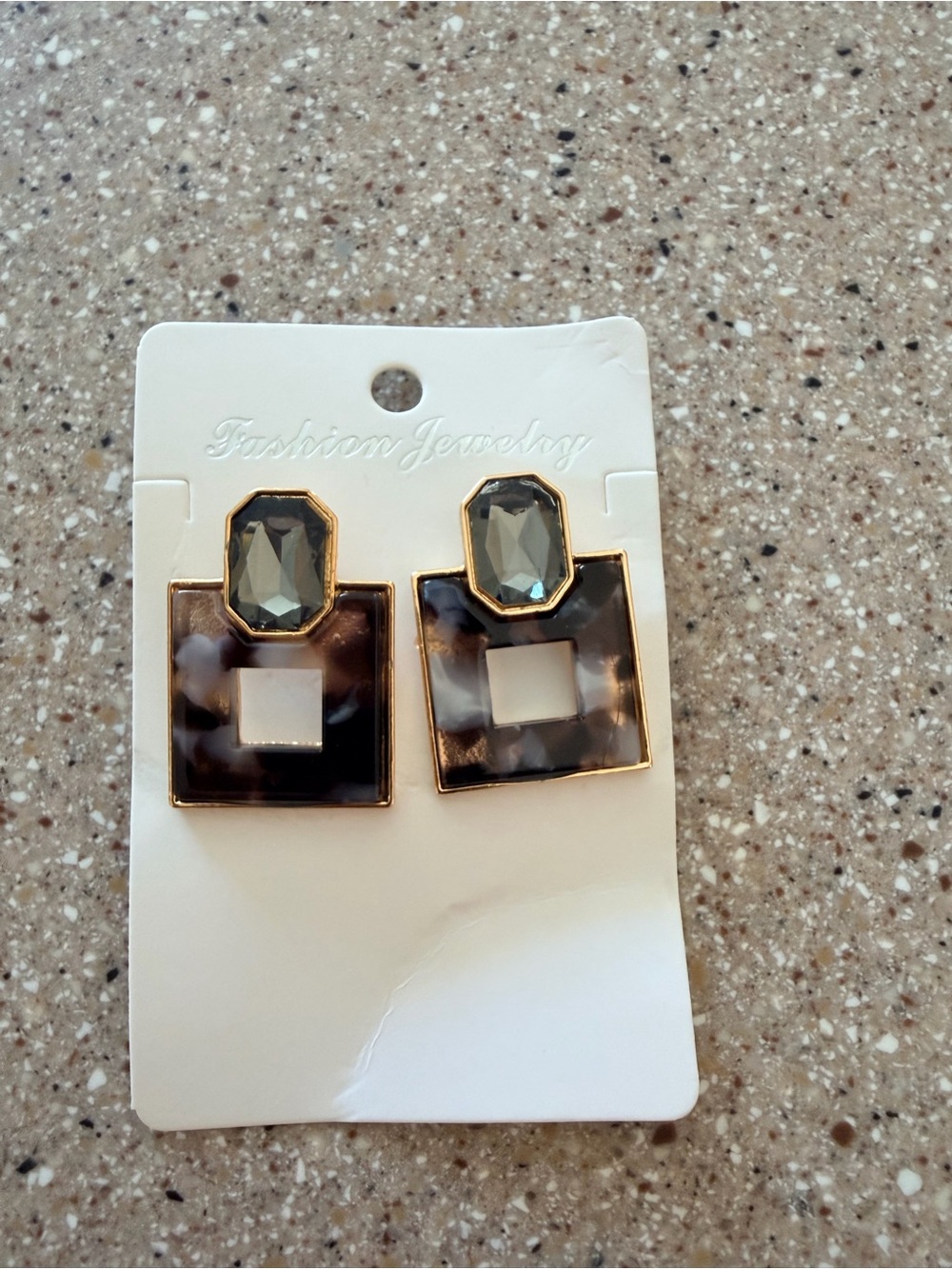 Fashion Jewelry Gold-Tone Square Drop Earrings with Smoky Stones